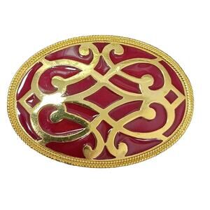 Vntg Celtic Brooch 3" RED Coat Pin Oval Metal Enamel Milgrain Accent Gold Estate